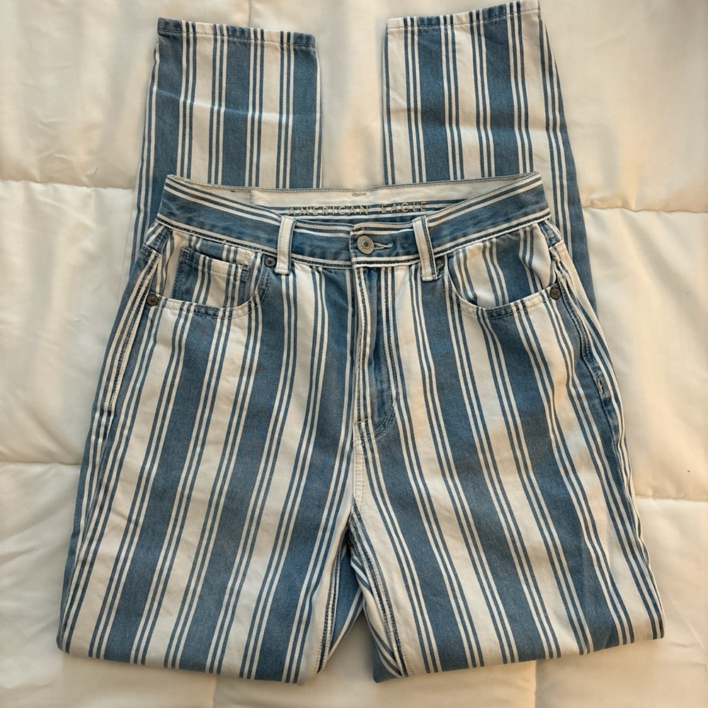 American Eagle Blue and White Striped Mom Jeans